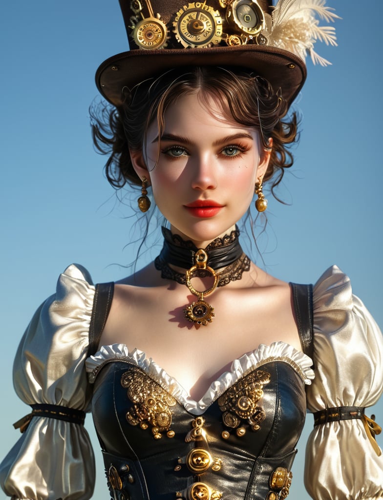 (((A stunning sexy woman in steampunk))) A striking steampunk goddess adorned in intricate gears and cogs 🕰️
Her top hat, embellished with vintage timepieces, commands attention Lace sleeves and a corset with metallic details accentuate her powerful presence 🖤 Golden chains and keys add a touch of mechanical elegance, completing the look 🔑
Eyes that pierce through the Victorian haze, exuding strength and mystery 👁️