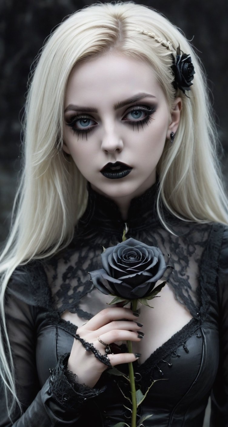 Highy detailed image, cinematic shot, (bright and intense:1.2), wide shot, perfect centralization, side view, dynamic pose, crisp, defined, HQ, detailed, HD, dynamic light & pose, motion, moody, intricate, 1girl, blonde  (((goth))) holding a black rose, attractive, clear facial expression, perfect hands, emotional, hyperrealistic inspired by necronomicon art, my baby just cares for me, fantasy horror art, photorealistic dark concept art
,goth person