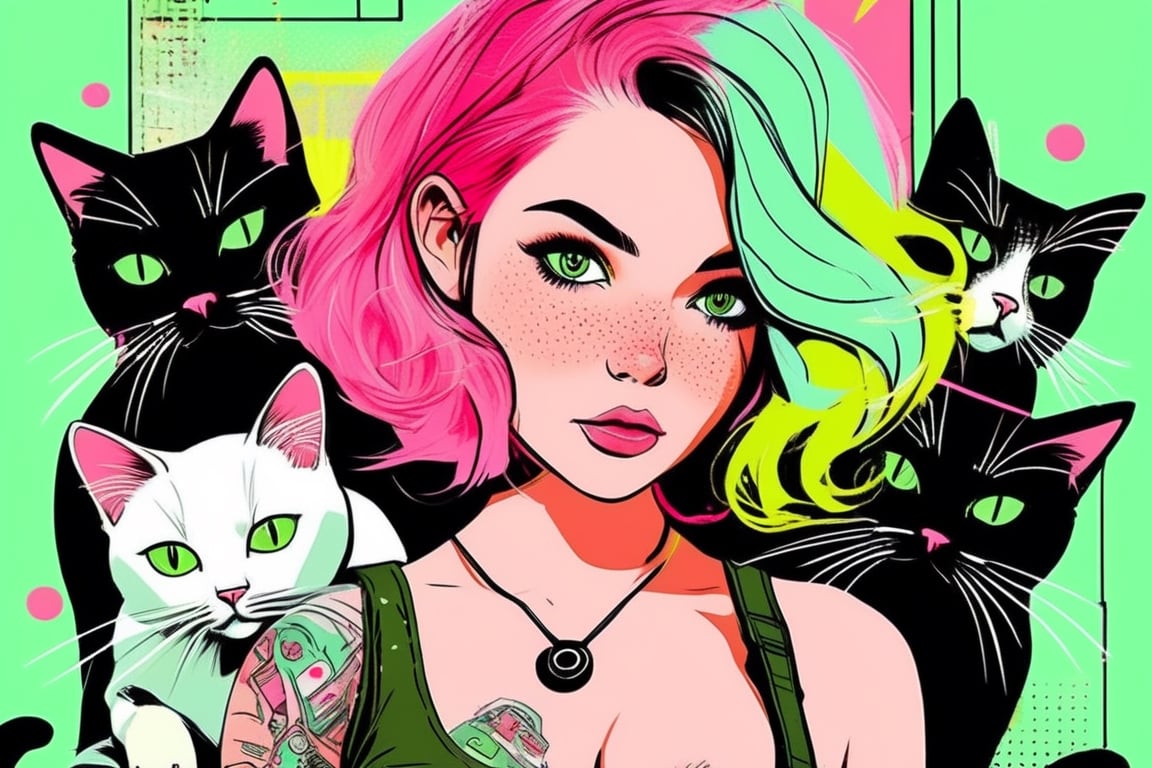 quirky sexy girl solo breast with pink hair, Gemma Correll, with freckles and a cat on her shoulder, photo-manipulated, cyberpunk genre, pastel green realistic image.,