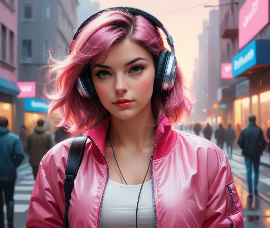 a woman wearing headphones and a pink jacket, a photorealistic painting by Alexander Kucharsky, cgsociety, photorealism, ilya kuvshinov, daz3d, photorealistic
