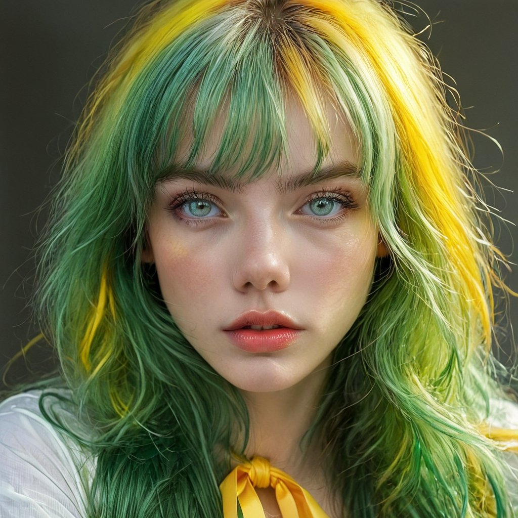 a sexy girl with multicolored hair  green eyes, 1girl, solo, multicolored hair, yellow eyes, bangs, looking at viewer, long hair, upper body, multicolored ribbon, parted lips, ribbon