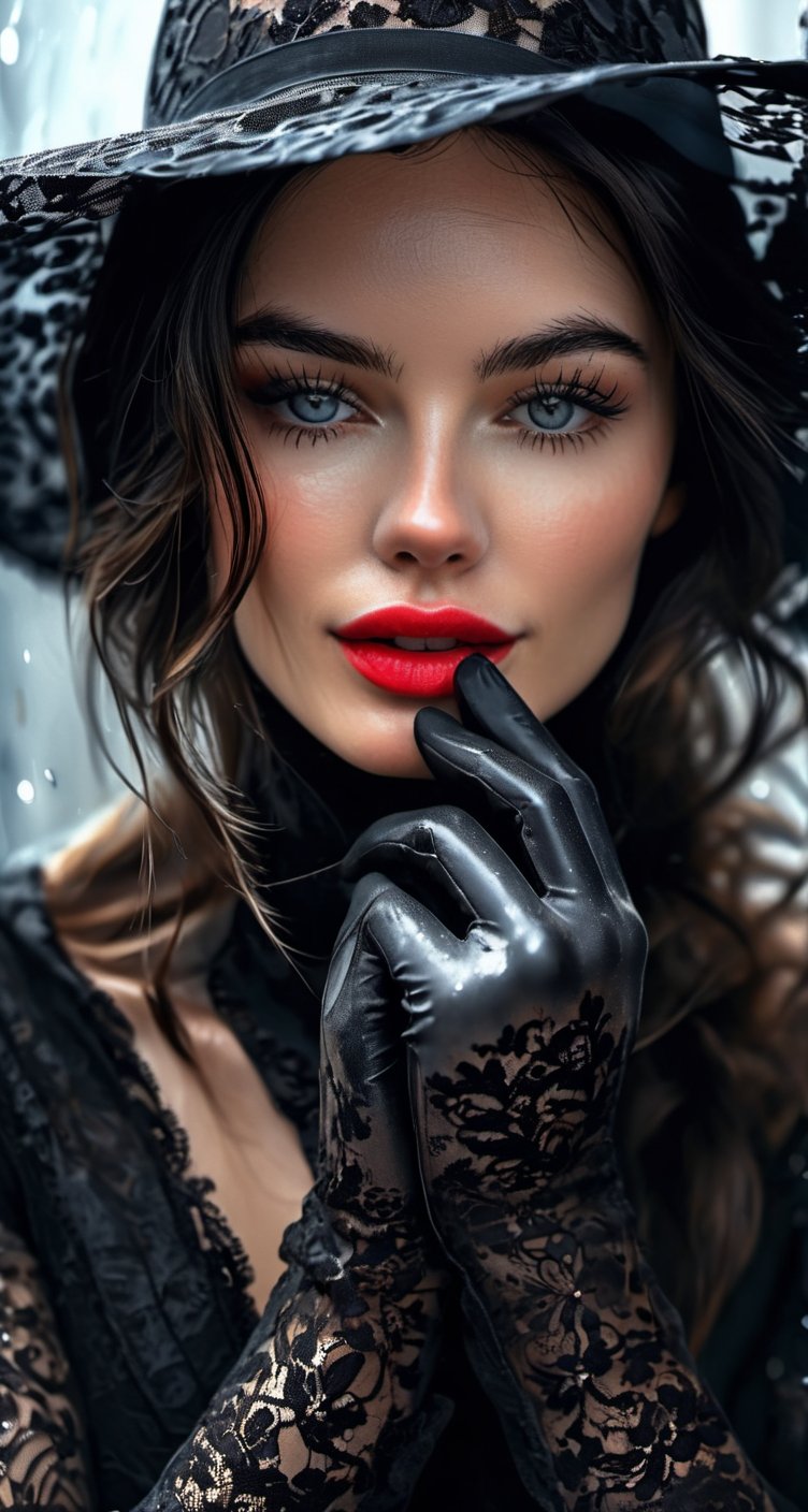 beautiful brunette woman, model, artistic pose, black hat, wearing black lace gloves, romantic makeup, black and white speedpaint with large strokes and splashes of paint, shadows and reflections, highly detailed, vibrant, production cinematic character render, hyper-realistic high-quality model, HDR, 8K, ultra high quality