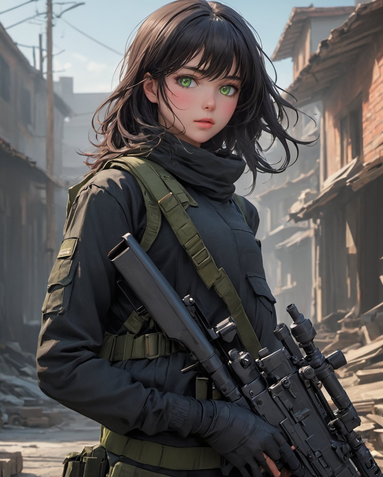 Full body 128k Bluray Extreme UHD 4K high quality image of a young girl in black clothing. Describe her anime style military, holding an M4A2 rifle, dark hair and green eyes, scarlet blobs on her face, legs in bandages, dressed in Bodie, art rendered in breathtaking 4K and UHD resolution using Octane Render CGI technology, all brought to life in a mesmerizing 16K masterpiece,mesmerizing aura,high detail,anime fantasy illustration,beautiful fantasy portrait,beautiful anime woman,Korean artist,artgerm colorful!!!!!!!, stunning anime face portrait, 4K,UHD,Ultra HD 4K image, green eyes, mesmerizing extremely, ethereal light, intricate details, extremely detailed, incredibly detailed
