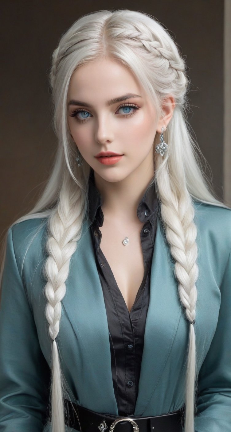 Generate hyper realistic image of a woman with long white hair, twin braids cascading down her shoulders. She gazes at the viewer with aqua eyes, a gentle smile gracing her lips. She wears a jacket and belt, her upper body slightly blurry against the indoor background. Adorned with earrings and a choker, she holds a cup, her head tilted inquisitively. Subtle black makeup and an ear piercing add to her unique charm.
