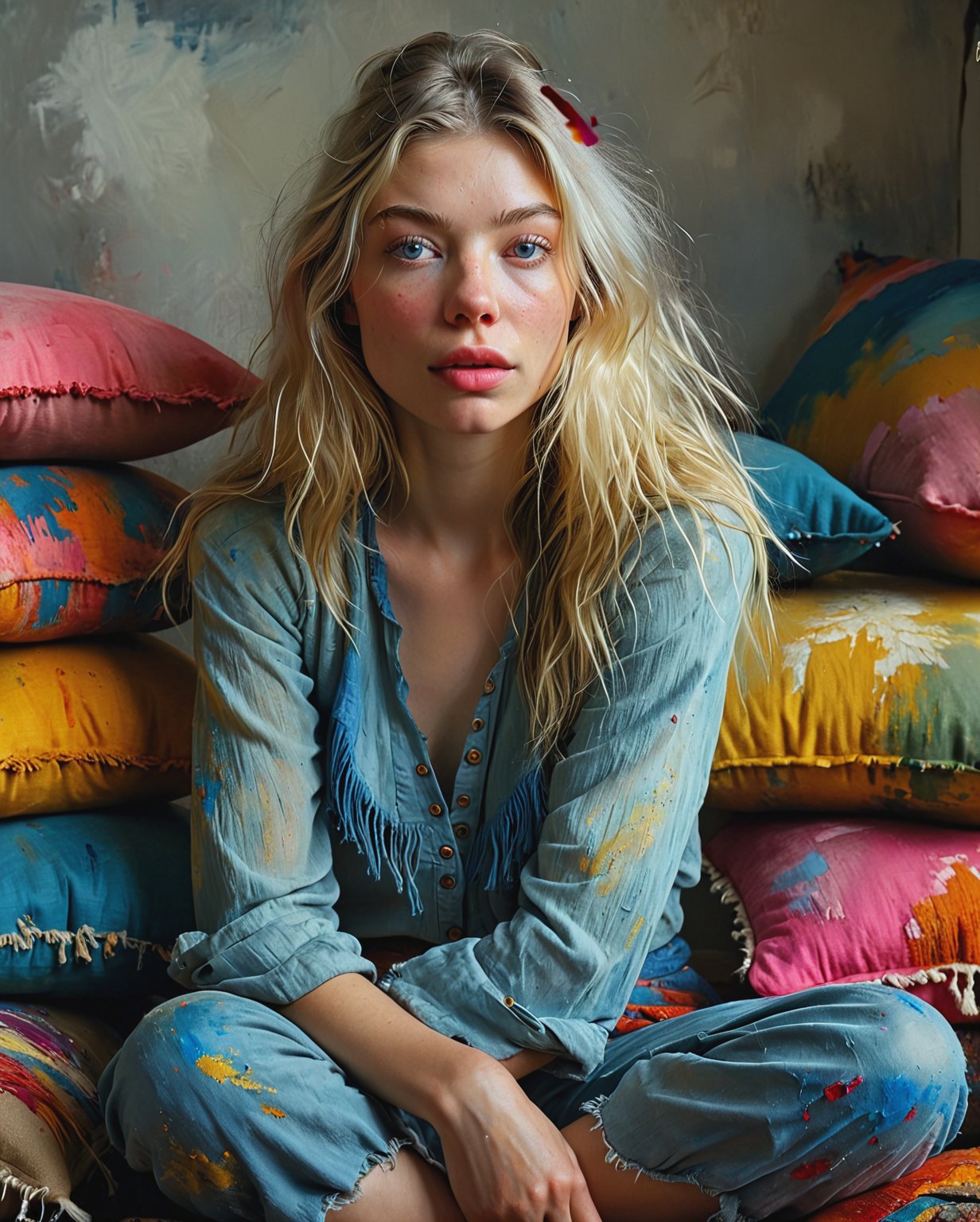 Dramatic moody dry-brushed oil painting, woman sitting on a tall pile of colorful boho pillows, prompt by McKay, art by Andrew Wyeth, pensive, looking longingly, intense, drama, perfect hands, ethereal clothing, the ambient lighting, 3D, texture, hyper detailed, magical, mindblowing image, statement making, textured scratchy paint strokes, scratchy brush strokes, fantastical, highly detailed, inspiring, hyper detailed face and eyes, the face is a mix of Hunter Schafer and Sarah Hyland, creative, perfect composition, 8K, award winning, professional concept art