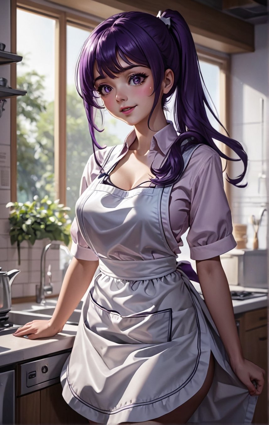 (Masterpiece), expressive eyes, ((ultra-detailed)), (illustration), (detailed light), An extremely delicate and beautiful girl (wearing long white apron), beautiful face, shy smile, medium boobs, rear view, bend over, in the kitchen, dark violet hair pony tail, blush, back to viewer













niji6