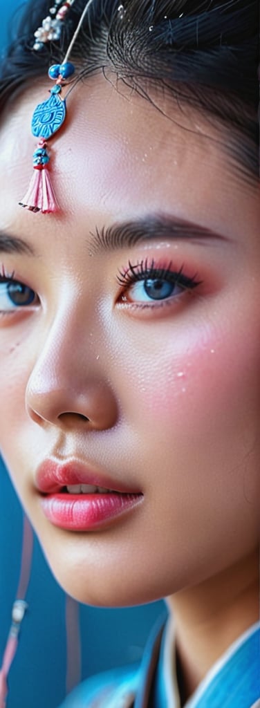 The female warrior of ancient China had an Asian face, beautiful skin, high nose, sparkling and inspiring eyes, Image colors have pink and blue tones, cinematic professional film 