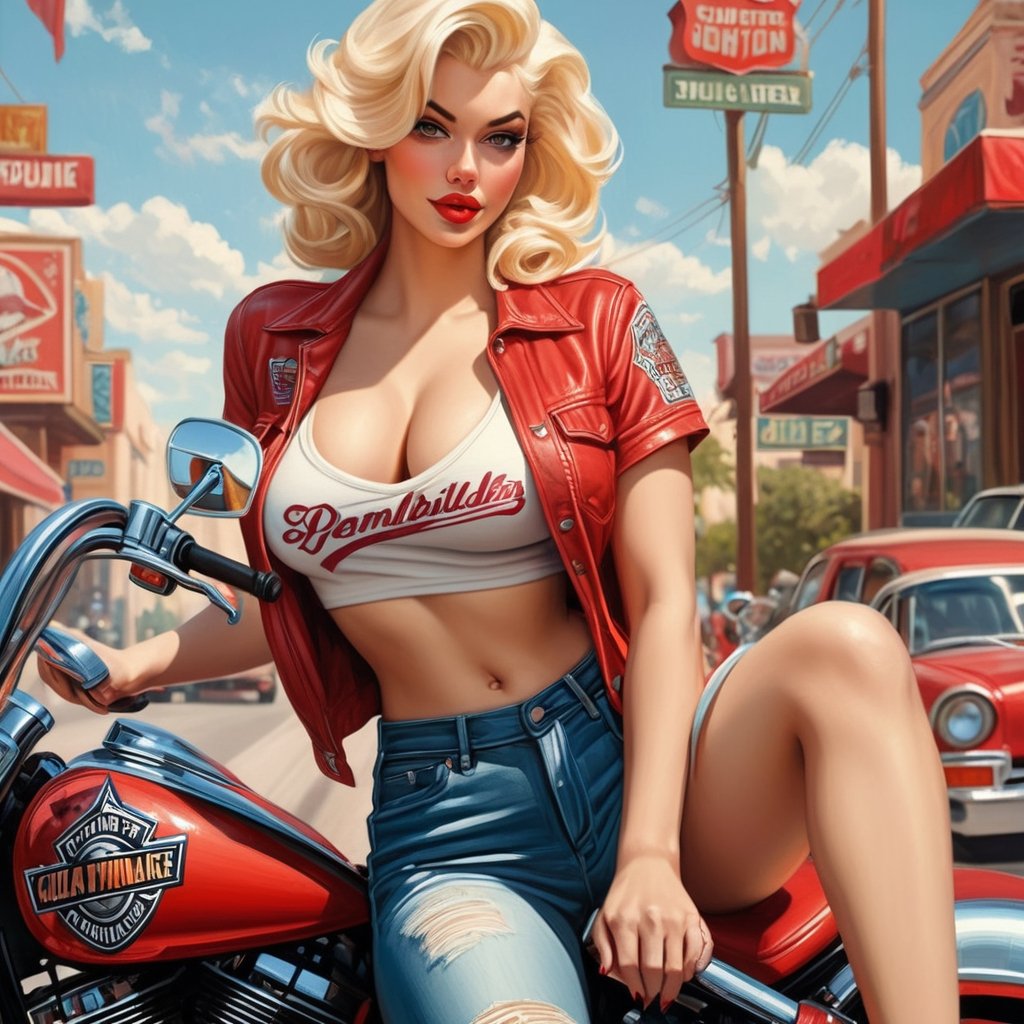intricately drawn Pin up Poster, in the style of Daniela Uhlig, gorgeous blonde in a red cutoff t-shirt and cutoff denim shorts sitting on a Harley Davidson motorcycle, highly detailed, hyperdetailed painting, complex, 8K, HD