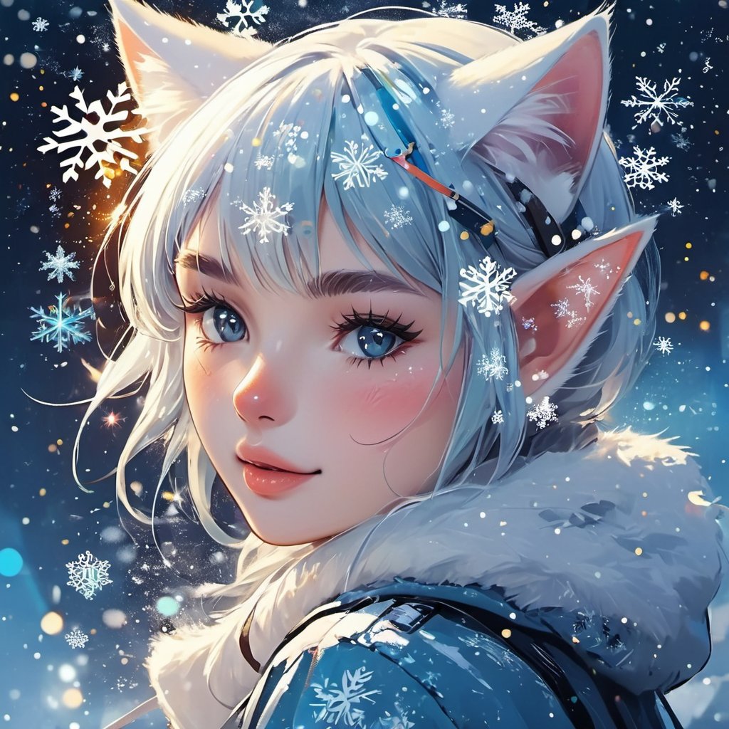 abstract background anime cat face light colors snowflakes and sparks letters graffiti winter elf girl