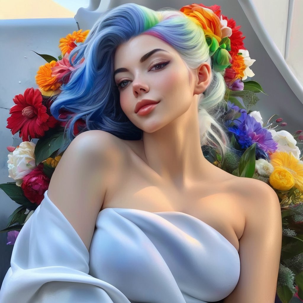 oil painting of a woman with rainbow hair, a bouquet of flowers, drenched body, silver hair, fantasy, regal, intricate, by stanley artgerm lau, greg rutkowski, thomas kindkade, alphonse mucha, loish, norman rockwell