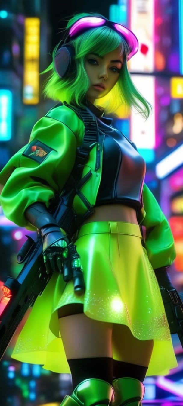 masterpiece, cyberpunk, city, ((((night)))), neon light, toned, sci-fi, realistic, extremely detailed 8k wallpaper, 1girl, cinematic lighting, ((holding gun, battle)), (((Futuristic Armored Trooper Soldier crowd))) ((Friend Keroro, asian, beautiful, gorgeous, green sci-fi futuristic armor, green leather skirt, black eyes, star-shaped pupils, yellow beret, olive hair, bob cut, star, white handkerchief)), 
