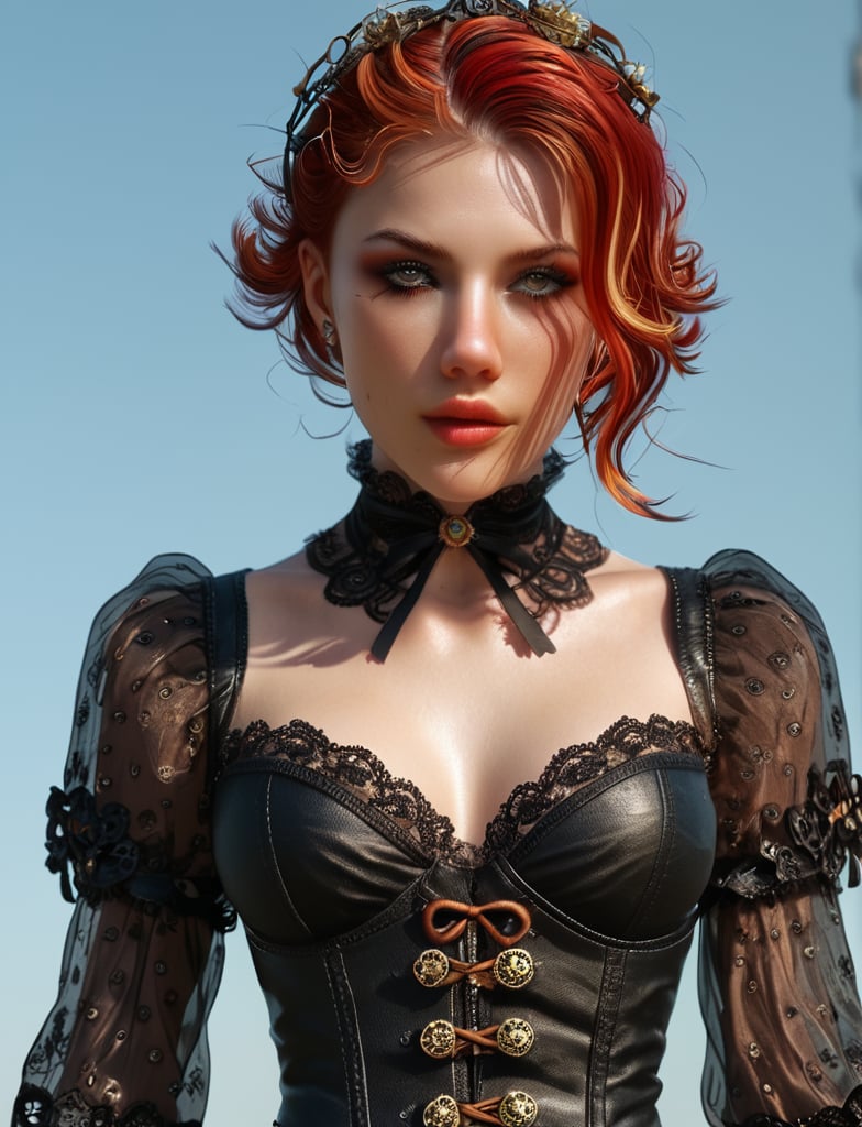  (((A stunning sexy woman in steampunk))) A captivating steampunk lady stands poised with a look of determination, her fiery red hair intricately styled against a backdrop of cobwebs. 🕸️Her piercing eyes and perfectly lined makeup reflect the intensity of a black widow, ready to ensnare anyone who crosses her path.🖤 Dressed in a black corset with lace sleeves and intricate details, she embodies elegance and danger in equal measure. The spiderweb behind her adds an aura of mystery, hinting at the web of intrigue she weaves. When she's around, beware of getting caught in her web