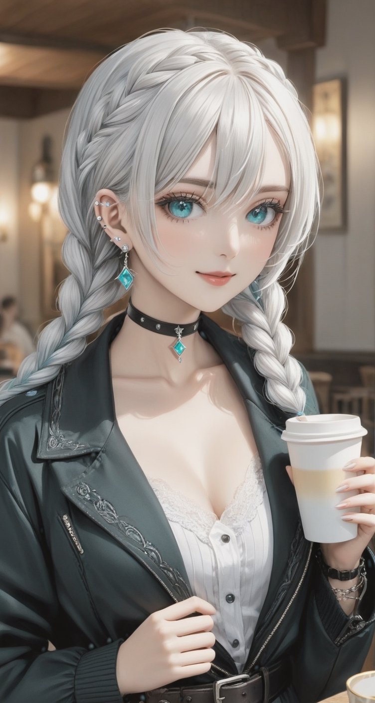 Generate hyper realistic image of a woman with long white hair, twin braids cascading down her shoulders. She gazes at the viewer with aqua eyes, a gentle smile gracing her lips. She wears a jacket and belt, her upper body slightly blurry against the indoor background. Adorned with earrings and a choker, she holds a cup, her head tilted inquisitively. Subtle black makeup and an ear piercing add to her unique charm.
