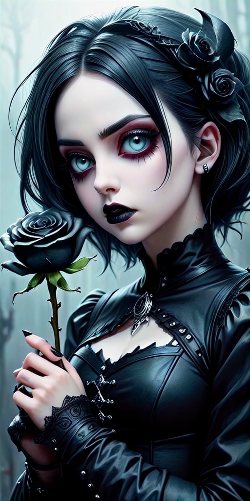 Highy detailed image, cinematic shot, (bright and intense:1.2), wide shot, perfect centralization, side view, dynamic pose, crisp, defined, HQ, detailed, HD, dynamic light & pose, motion, moody, intricate, 1girl, (((goth))) holding a black rose, attractive, clear facial expression, perfect hands, emotional, hyperrealistic inspired by necronomicon art, my baby just cares for me, fantasy horror art, photorealistic dark concept art
,goth person