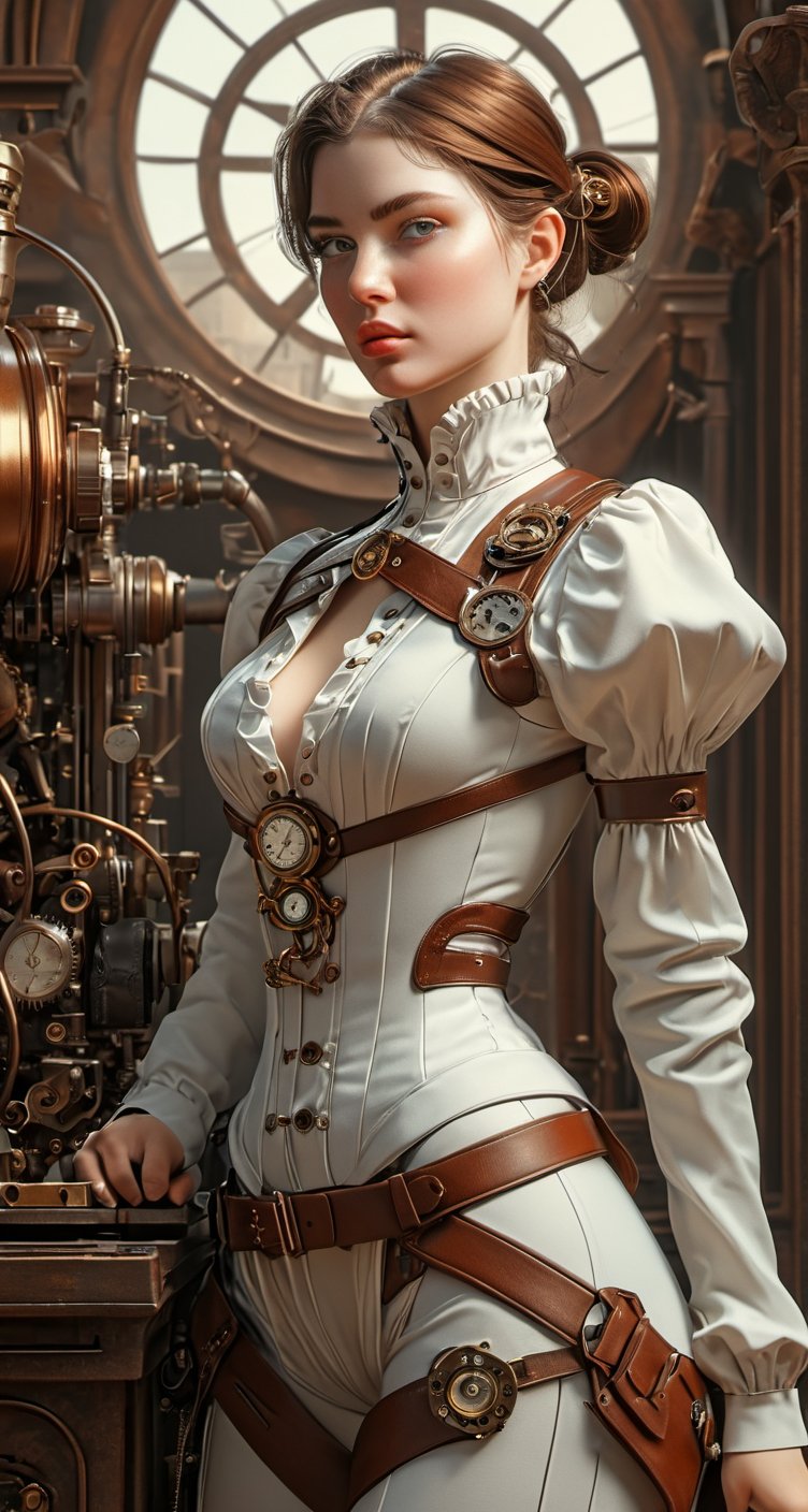 Full body, steampunk girl, steampunk woman, beautiful, pale colors, clearly defined eyes, centered, clearly defined eyes, full body, pretty pale color outfit, perfect composition, beautiful detailed intricate insanely detailed octane render trending on artstation, 8 k artistic photography, photorealistic concept art, soft natural volumetric cinematic perfect light, chiaroscuro, award - winning photograph, masterpiece, oil on canvas, raphael, caravaggio, greg rutkowski, beeple, beksinski, giger