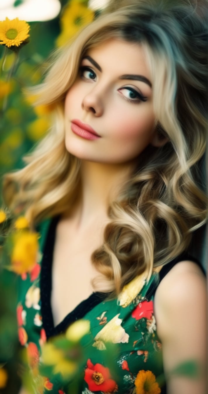 a girl with blonde hair, in vintage clothes