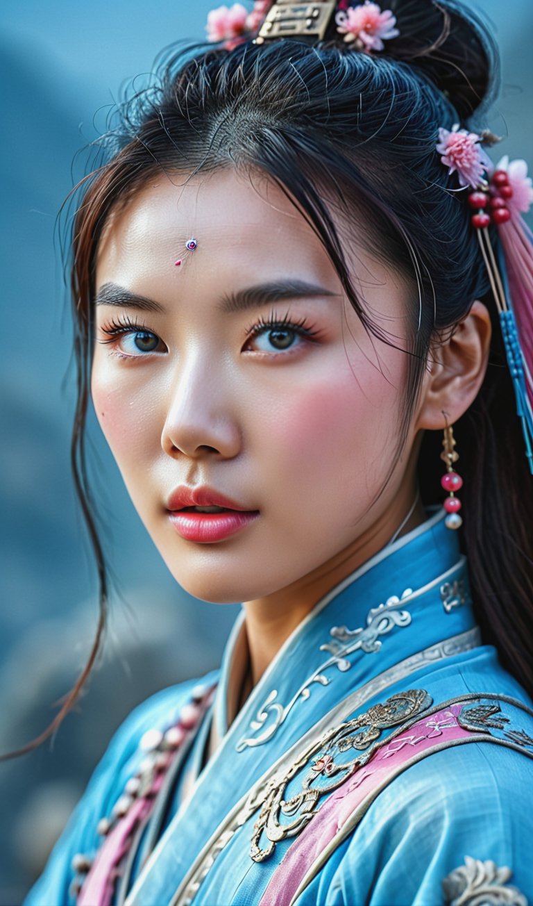 The female warrior of ancient China had an Asian, beautiful skin, sparkling and inspiring eyes, Image colors have pink and blue tones, cinematic professional film 