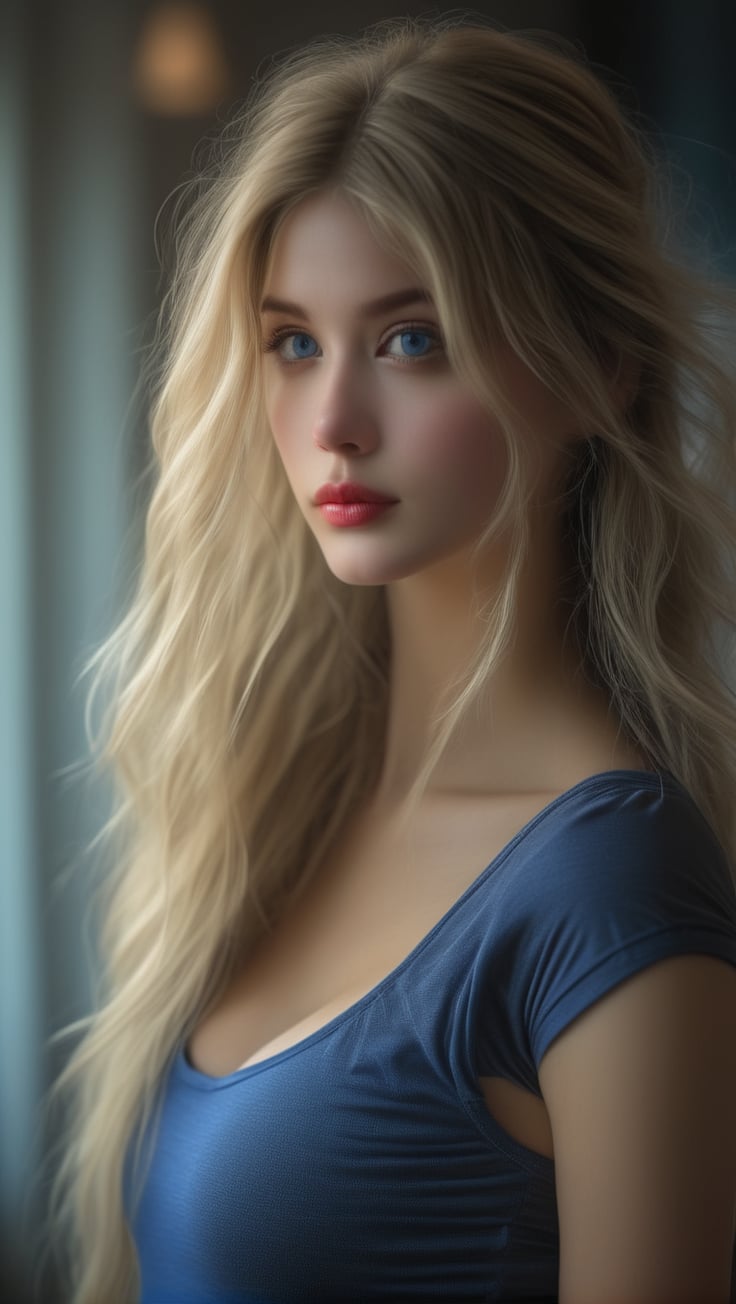 1girl, solo, long hair, looking at viewer, blue eyes, blonde hair, twintails, standing, parted lips, indoors, leotard, lips, head tilt, leaning forward, arms behind back, realistic