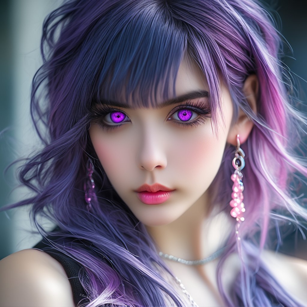 1girl, solo, looking at viewer, bangs, black hair, jewelry, purple eyes, pink hair, purple hair, multicolored hair, earrings, pink eyes, streaked hair, eyelashes, makeup, piercing, portrait, close-up, eyeshadow, reflection, eye focus