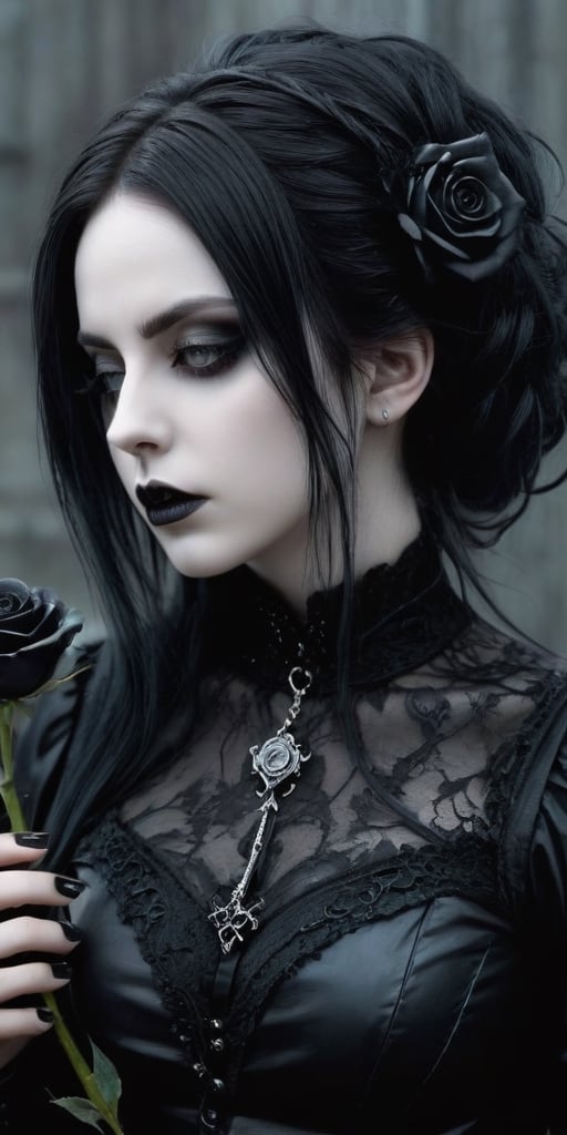 Highy detailed image, cinematic shot, (bright and intense:1.2), wide shot, perfect centralization, side view, dynamic pose, crisp, defined, HQ, detailed, HD, dynamic light & pose, motion, moody, intricate, 1girl, (((goth))) holding a black rose, attractive, clear facial expression, perfect hands, emotional, hyperrealistic inspired by necronomicon art, my baby just cares for me, fantasy horror art, photorealistic dark concept art
,goth person