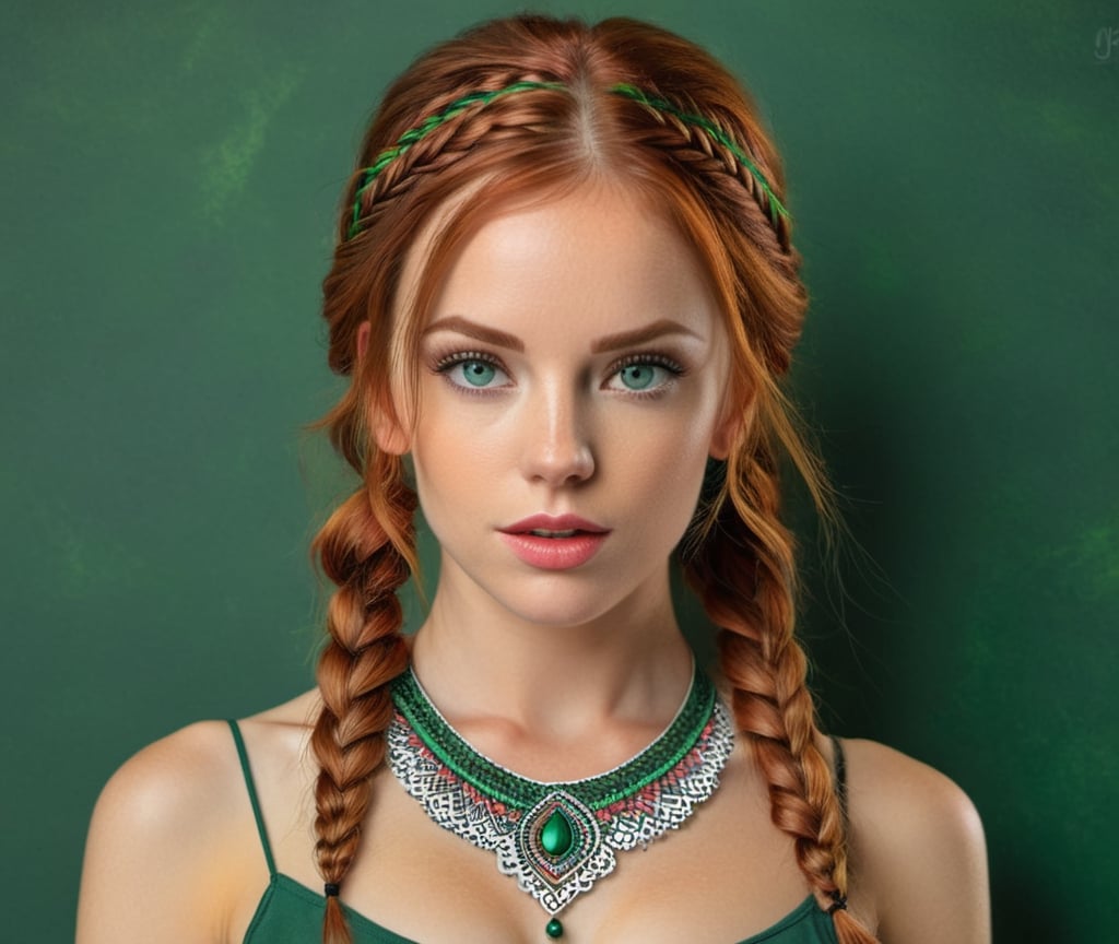 young woman, Red hair, one braid, green-brown eyes, medium breast, (masterpiece:1.5, best quality),(best quality hands:1.5),(best quality face:1.5),(best quality eyes:1.5), official art, unity 8k wallpaper, ultra detailed, beautiful and aesthetic, beautiful, masterpiece, best quality, (zentangle, mandala, tangle, entangle),
