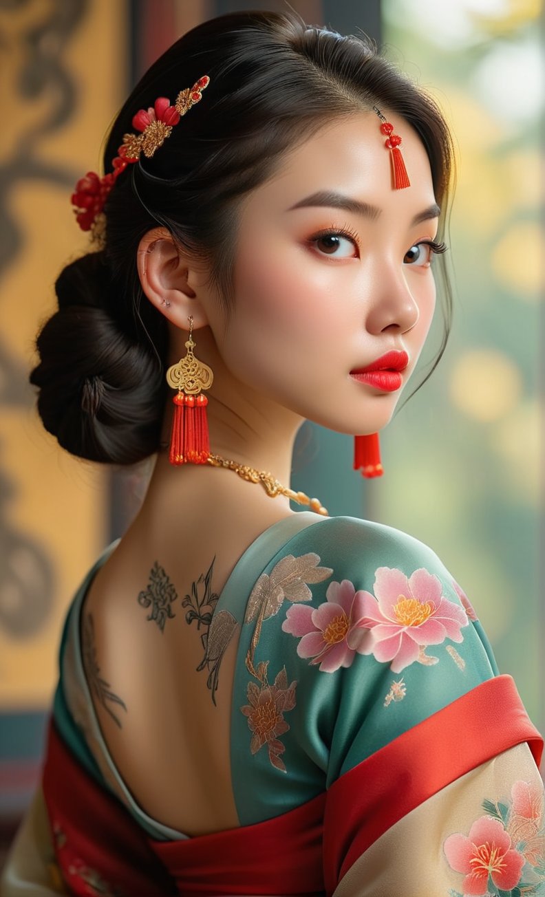Close-up of an attractive woman wearing Hanfu, her back and side profile exposed. She sits confidently with her back to a subtle gradient background, where soft golden lighting highlights her intricate tattoos. Her bright tattoos stood out against the delicate fabric of her costume, and her lips were slightly upturned in crimson lipstick. Her eyes, beautifully contoured by delicate eyelashes, directly lock the viewer's gaze. Her face is the perfect balance of delicacy and strength, with delicate features and ultra-fine skin texture giving the illusion of real-life perfection. A thumb and four fingers form her hand as she looks directly at the viewer, her tattoos becoming a vibrant backdrop to her captivating presence. ((Glossy tattoo on back)),WOOHEE,pretty
,3D
