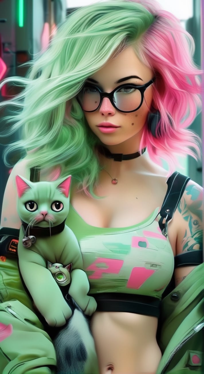 quirky sexy girl solo breast with pink hair, Gemma Correll, with freckles and a cat on her shoulder, cyberpunk genre, pastel green realistic image.,