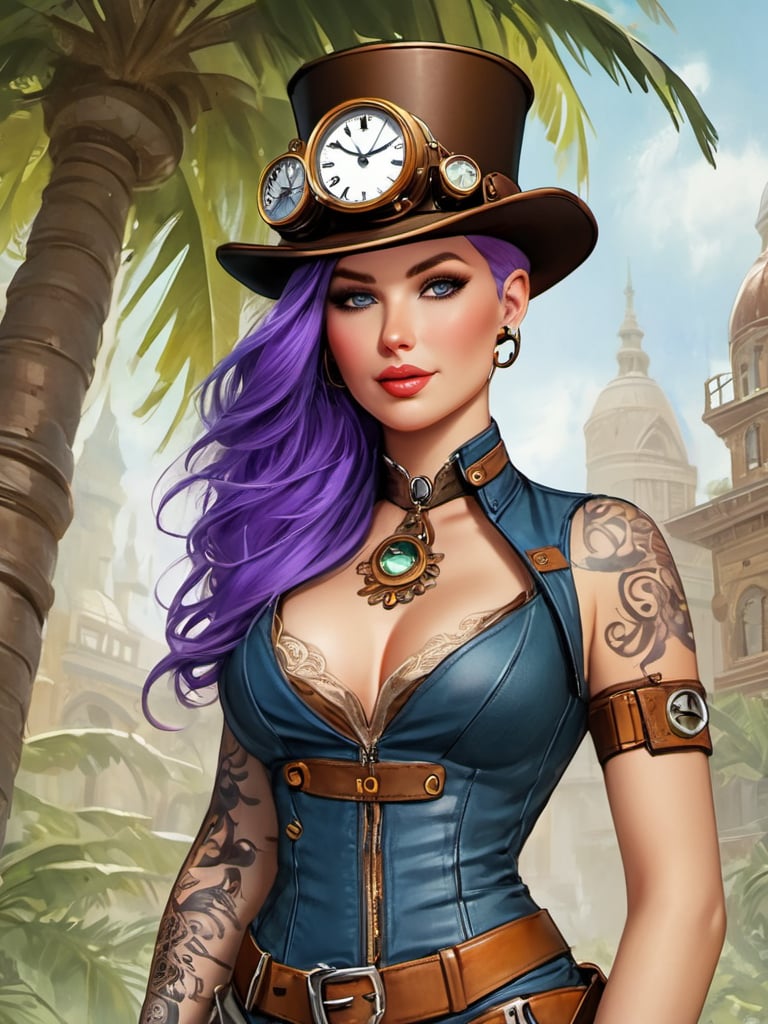 (((A stunning sexy woman in steampunk))) Beneath the swaying palms, the essence of steampunk reimagines itself through her captivating ensemble. From the detailed goggles atop her leather-bound hat to the intricate tattoos that whisper tales of mechanical dreams, every element enchants. Her piercing gaze, a vivid contrast to the soft hues of her lavender locks, invites us into a world where past and future converge. How will your daydreams blend with the innovative spirit of steampunk today? 
