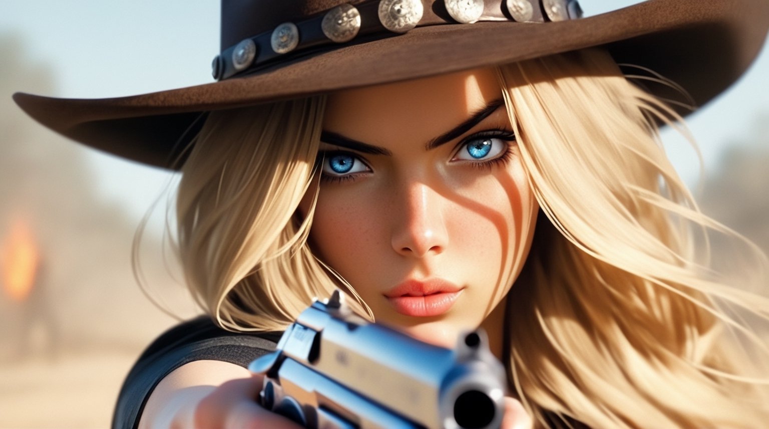 1 girl, alone, long hair, looking at viewer, blue eyes, blonde hair, hat, holding gun, upper body, weapon, individual focus, holding gun, blurred, lips, gun, depth of field, blurred background , holding a gun, gun pointing at the camera, freckles, realistic, cowboy hat, revolver, aiming, aiming at viewer
