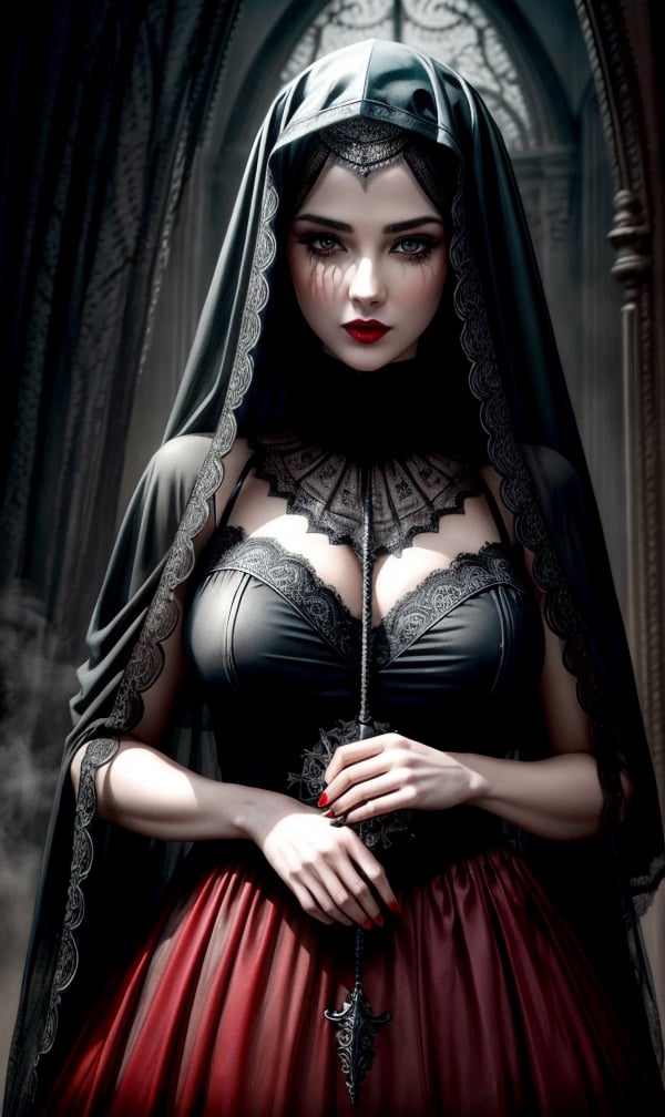 by Brian M. Viveros, by Pixar Concept Artists, by Ed Roth, by Jeff Koons, by Brandon Woelfel, by Ryohei Hase, by Shawn Coss, by Banksy a black and white photo of a woman with red lips, by Konrad Krzyżanowski, gothic art, lace veil, digital art - w 640, detail, selective color effect, wrapped in black, intricate faces, beautiful burqa's woman, lace web, dark drapery, ( ( ( horror art ) ) ), sin city, snake-face lady super, max dennison nightsky, stars, stunning, something that even doesn't exist, mythical being, energy, molecular, textures, iridescent and luminescent scales, breathtaking beauty, pure perfection, divine presence, unforgettable, impressive, breathtaking beauty, Volumetric light, auras, rays, vivid colors reflects