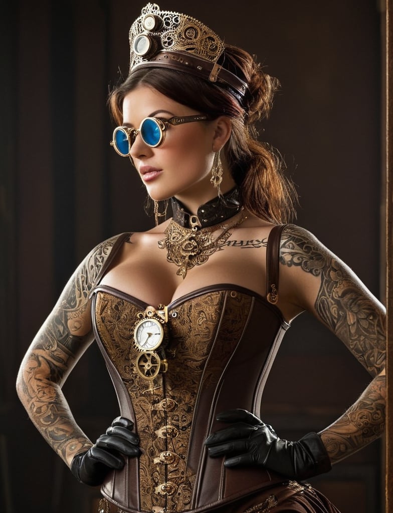 (((Steampunk sexy lady))), A gaze as timeless as the gears of history, captured in the bold essence of steampunk. Adorned in a corset of rich browns and brass, she stands as a testament to the elegance of an era reimagined. The sunlight dances off her ornate goggles, a crown fit for a queen of cogs and steam. Her tattoos whisper tales of adventure and mystery, echoing the intricate stories etched within the machinery that defines her style. A modern muse draped in the threads of yesteryear, she's a portrait of contrast against the bustling backdrop of today's world.