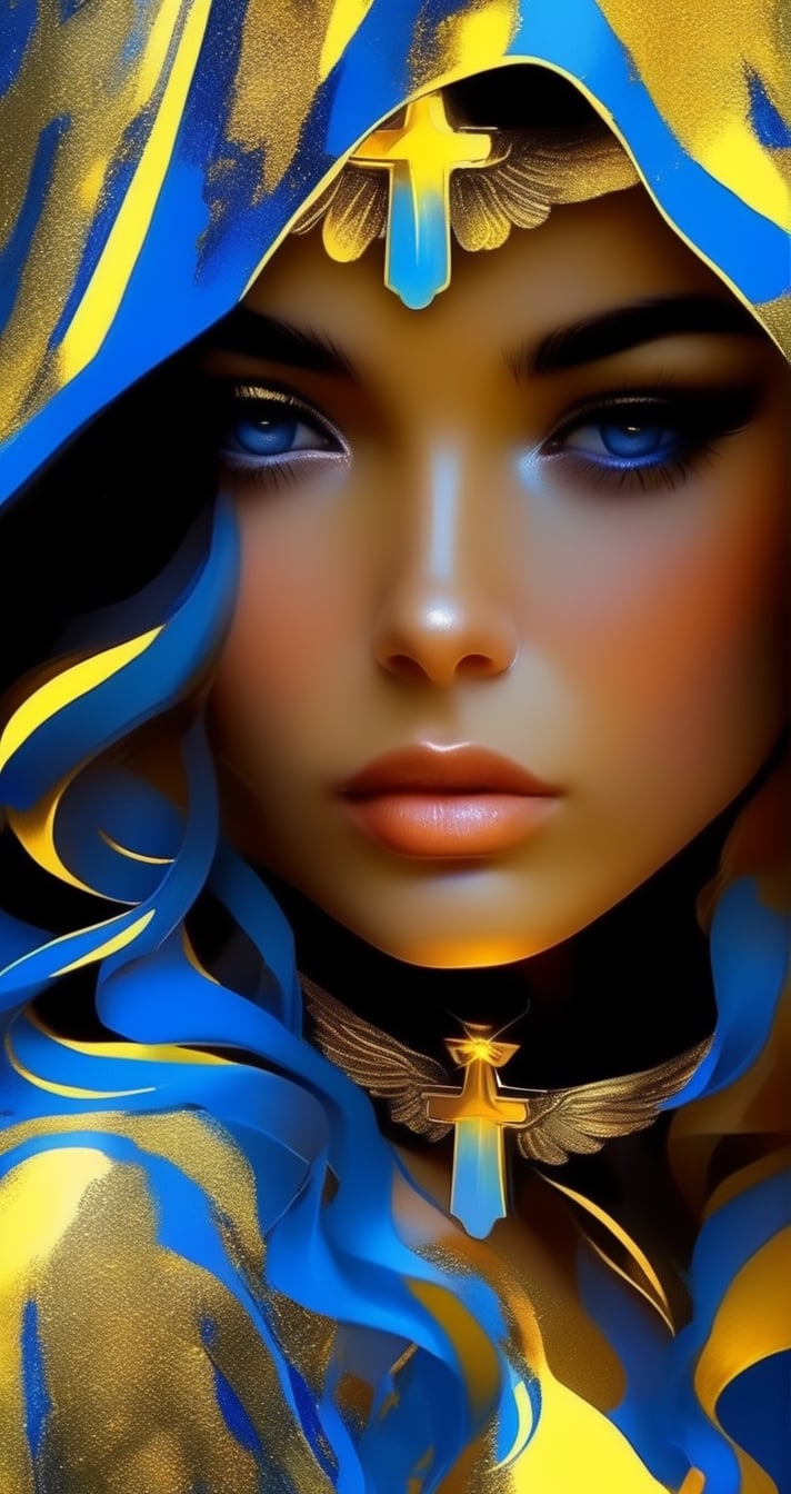 a blue girl with gold angel halo head, in the style of neon realism, darkly romantic illustrations, dark white and yellow, solapunk, i can't believe how beautiful this is, simplistic, brooding mood 