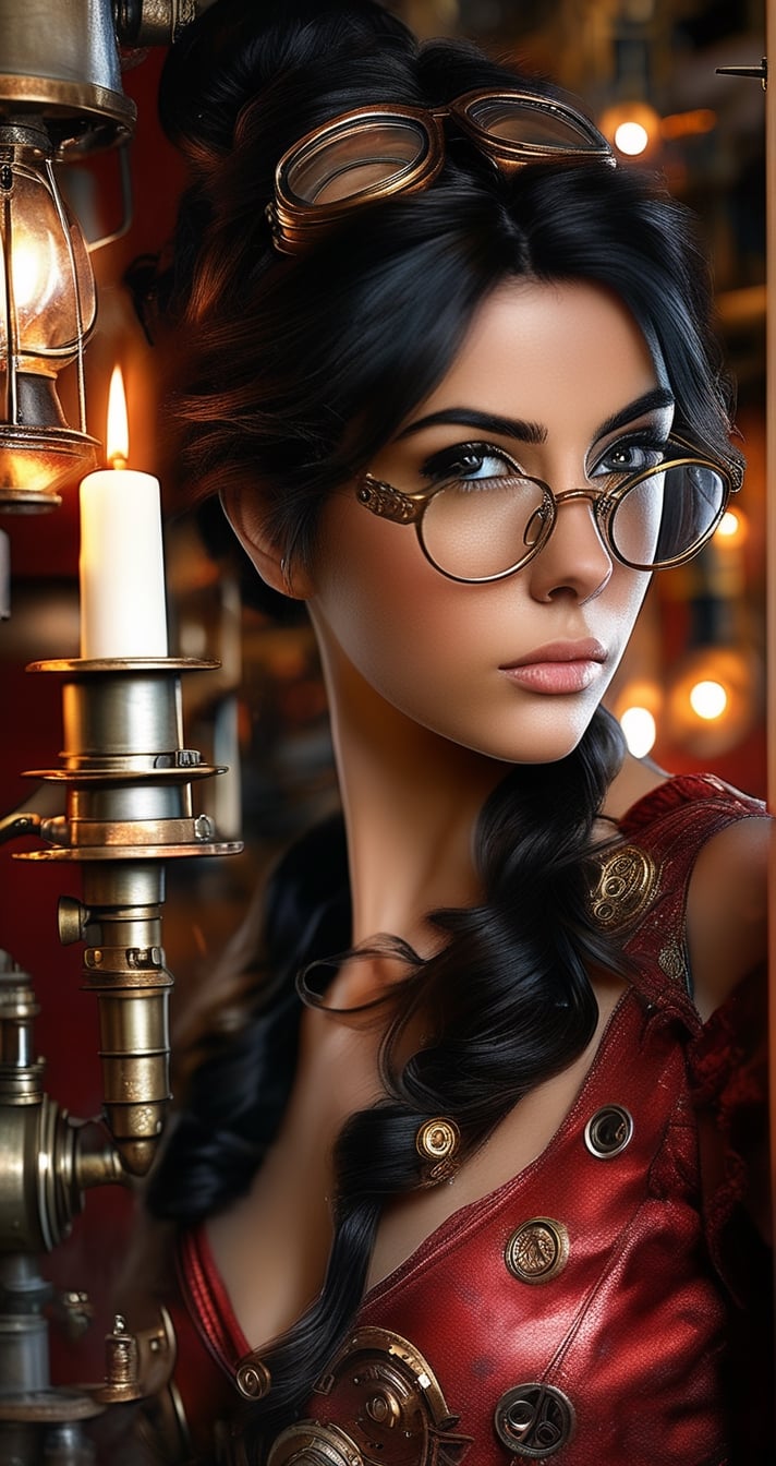 (((masterpiece, 8k, ultra-detailed, best quality, best quality, photo realistic))), ((illustration, steampunk)), (looking away), 1girl, black hair, medium hair, bun hair, red eyes, red dress, goggles on head, workshop, inventions everywhere, candle lit, time machine
