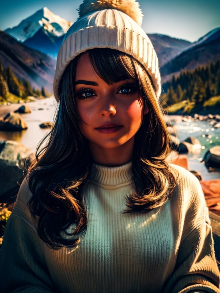 photorealistic, best quality, hyper detailed, beautiful woman, selfie photo, upper body, solo, wearing pullover, outdoors, (night), mountains, real life nature, stars, moon, (cheerful, happy), sleeping bag, gloves, sweater, beanie, flashlight, forest, rocks, river, wood, smoke, fog, clear sky, analog style, looking at viewer, skin texture, film grain, close up, ultra high res, best shadow, RAW, instagram LUT,drow,FFIXBG,day
