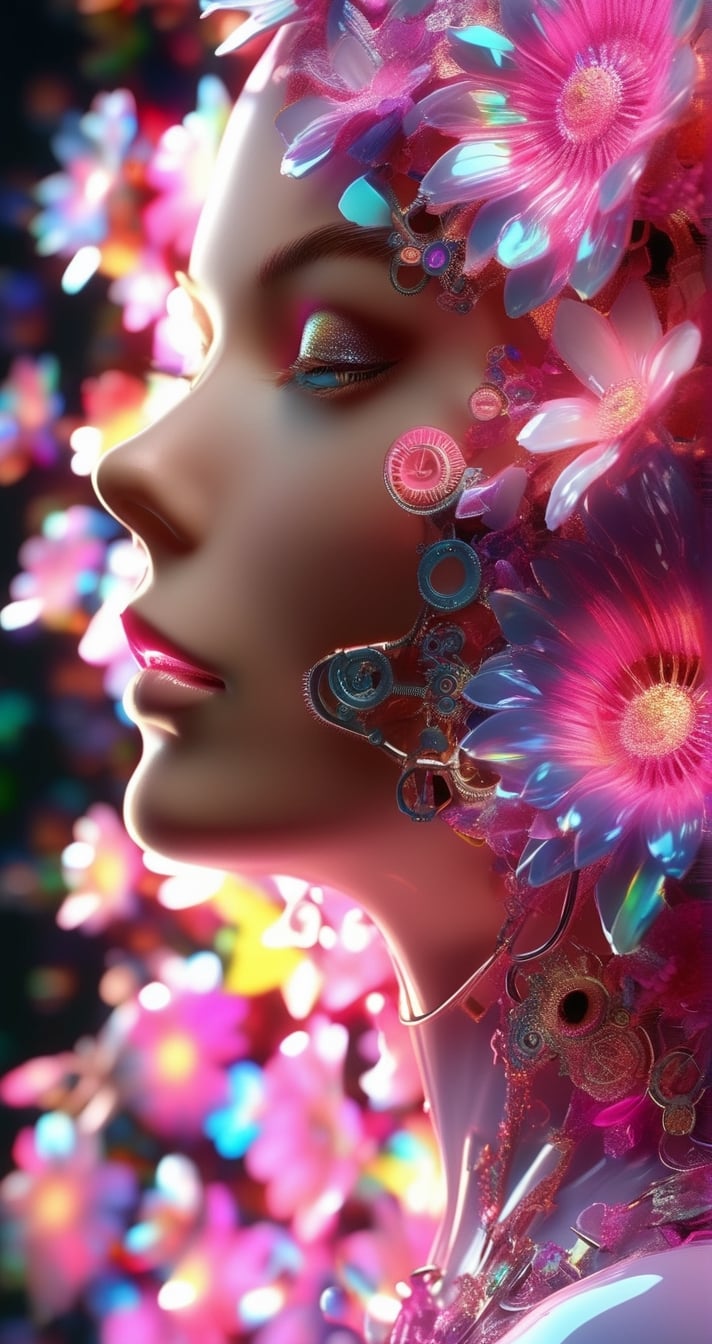 Radiation glowing side profile of glossy pink porcelain woman with multicoloured flowers growing out, cogs, gears, intricate details, uncanny valley, expression, model, professional, modelled, octane render, ray tracing, reflection, refraction, volumetric lighting, neon lighting 