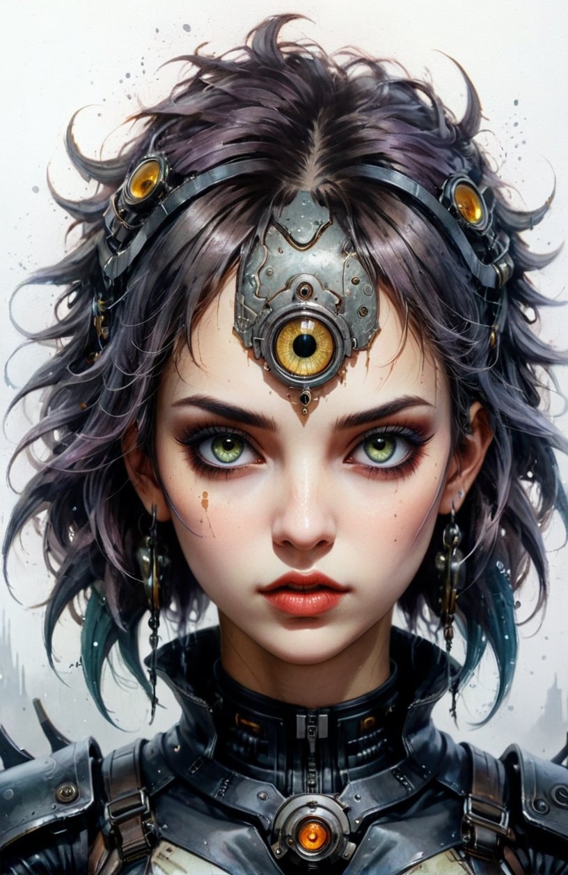 decaying female , covered mouth and nose, eldritch horror, demonic, dystopian, Heterochromia eyes, (((biomechanical))), maximalist mannerism, magical, rough shading, watercolor painting style, stylize 1000, line art, watercolor wash, textured skin, mechanical, anime style, punk hair, perfects eyes, Gritty Realism, dirt, dark, mist, masterpiece, detailed hair, perfect face, perfect eyes, glowing eyes, ornaments, hyperdetailed, big reflective eyes, metallic skin, wired, sinful eyes, 8k, big tits, skirt
,cyberpunk style,cyborg style