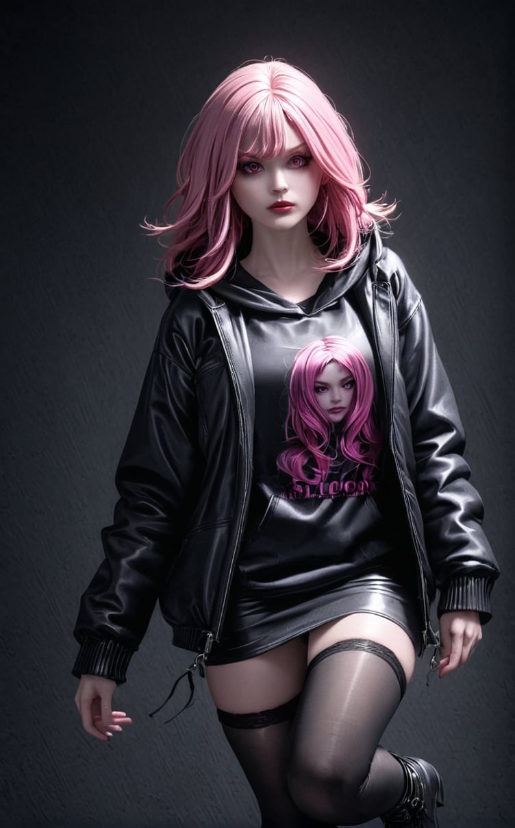 goth punk Girl rocking out, pink hair, pink eyes, heavy eyeliner, hoodie, jacket, miniskirt, thigh highs. on black canvas in the style of guillem h. pongiluppi, abigail larson, ominous landscapes, john sloane, light gray and pink, energy-filled illustrations
