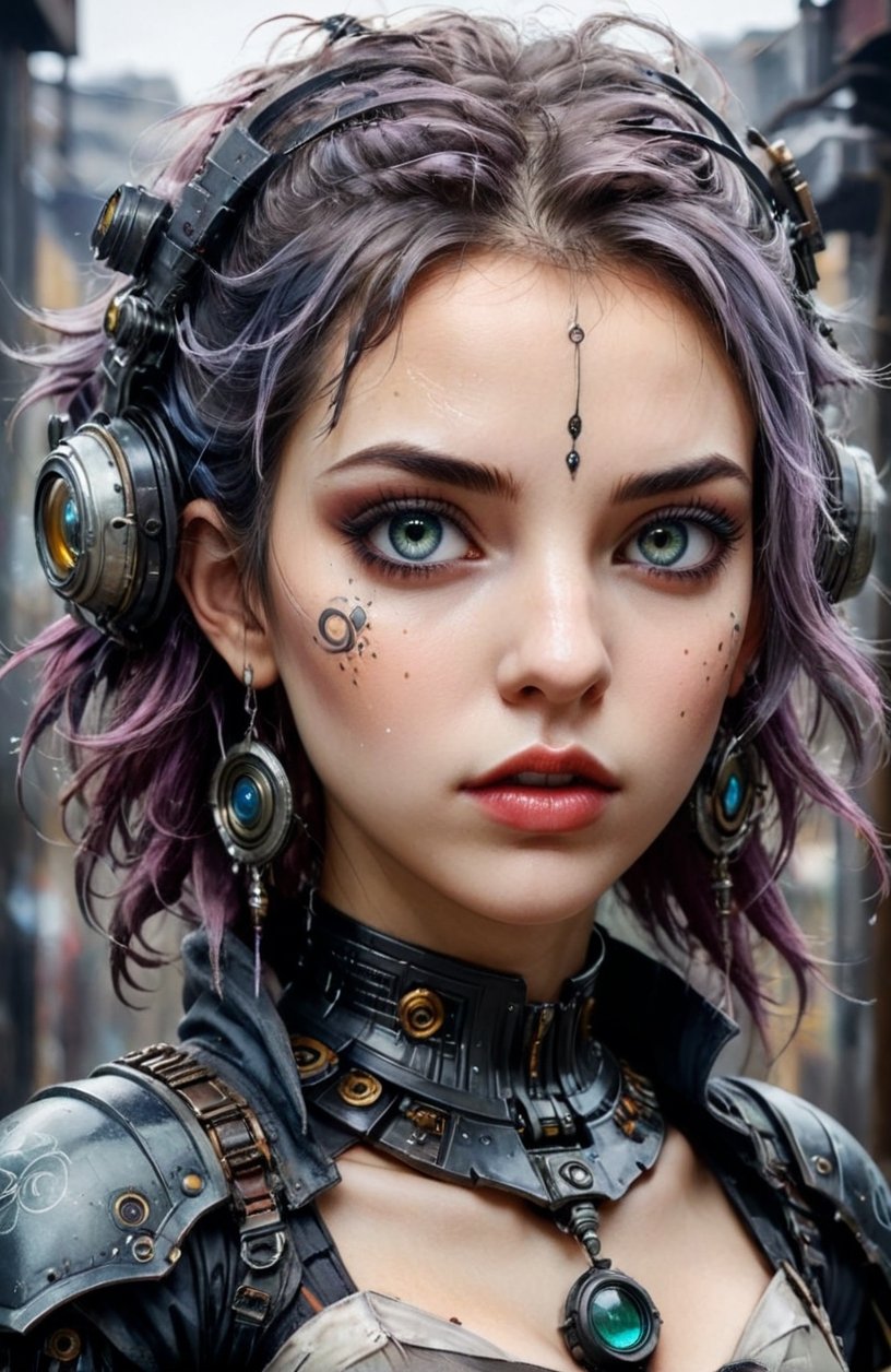 decaying female , covered mouth and nose, eldritch horror, demonic, dystopian, Heterochromia eyes, (((biomechanical))), maximalist mannerism, magical, rough shading, watercolor painting style, stylize 1000, line art, watercolor wash, textured skin, mechanical, anime style, punk hair, perfects eyes, Gritty Realism, dirt, dark, mist, masterpiece, detailed hair, perfect face, perfect eyes, glowing eyes, ornaments, hyperdetailed, big reflective eyes, metallic skin, wired, sinful eyes, 8k, big tits, skirt
,cyberpunk style,cyborg style