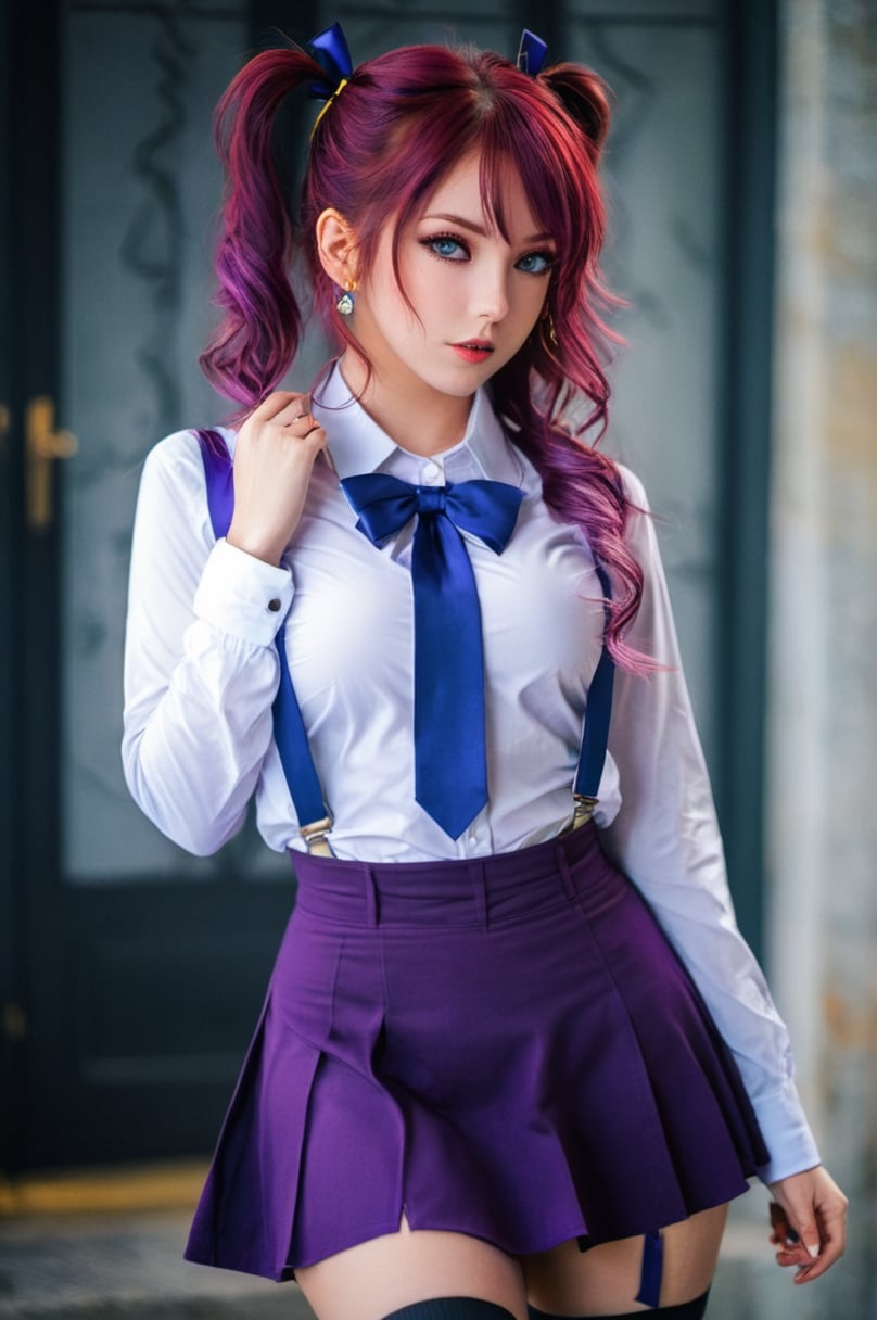 vibrant colors, sexy woman, masterpiece, sharp focus, best quality, depth of field, cinematic lighting, purple hair, yellow eyes, jewelry, outdoors, earrings, covered navel, building, high-waist skirt, black coat, long sleeves, purple shirt, purple skirt, more more jump! miku, , , Yuniko Kouzuki, red hair, red eyes, parted bangs, forehead, twintails, freckles, blue ribbon, hair ribbon, collared shirt, suspenders, blue skirt, socks
