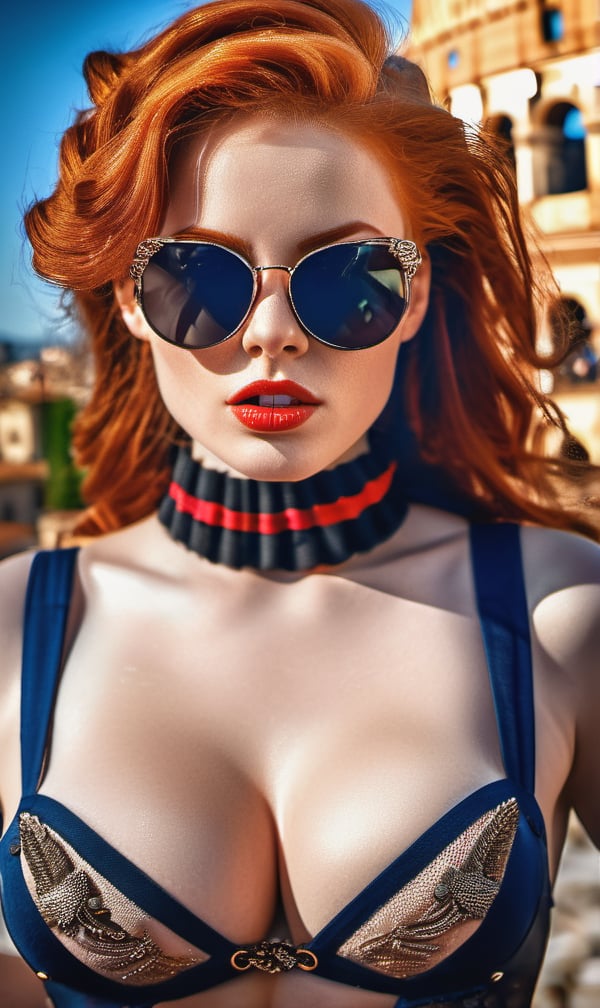 Photorealistic, highly detailed, 8k, braless, Stockings and suspenders, beautiful and sexy busty ginger venus, Lively gestures and facial expression, sunglasses, perfect face, big eyes, rome as background, italy, trending on artstation, sharp focus, studio photo, intricate details, highly detailed, by greg rutkowski

