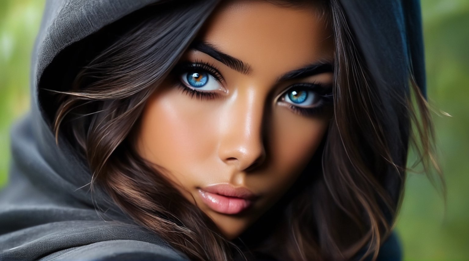 1girl, solo, looking at viewer, blue eyes, brown hair, dark skin, hood, blurry, dark-skinned female, eyelashes, mask, blurry background, portrait, realistic