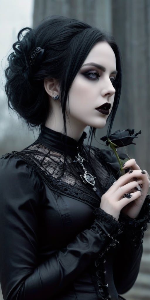 Highy detailed image, cinematic shot, (bright and intense:1.2), wide shot, perfect centralization, side view, dynamic pose, crisp, defined, HQ, detailed, HD, dynamic light & pose, motion, moody, intricate, 1girl, (((goth))) holding a black rose, attractive, clear facial expression, perfect hands, emotional, hyperrealistic inspired by necronomicon art, my baby just cares for me, fantasy horror art, photorealistic dark concept art
,goth person