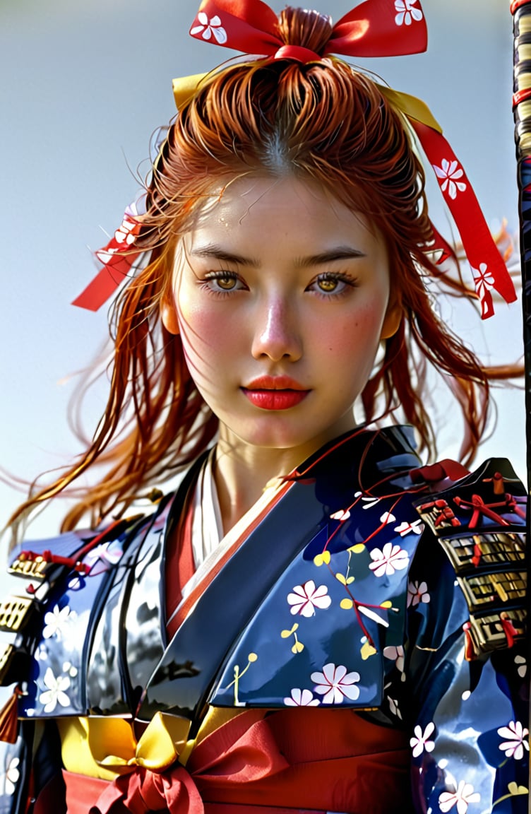 1girl,cute Face,dressed in samurai-style armor, She wears traditional Japanese armor reminiscent of a samurai,Blue coat, yellow hakama ,The design blends elegance with strength, portraying her as a warrior princess,(Large red head ribbon), Adorning her head is with a faintly red ribbon tied, shining brightly,warrior,samurai
,score_9