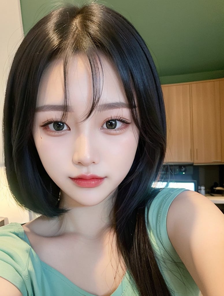 (1 cute Korean star) Shoulder-length hair, light makeup, green shirt, selfie, fron in the house, clear facial features of Canon EOS, realistic photo with 8K high resolution, crisp and vivid details.