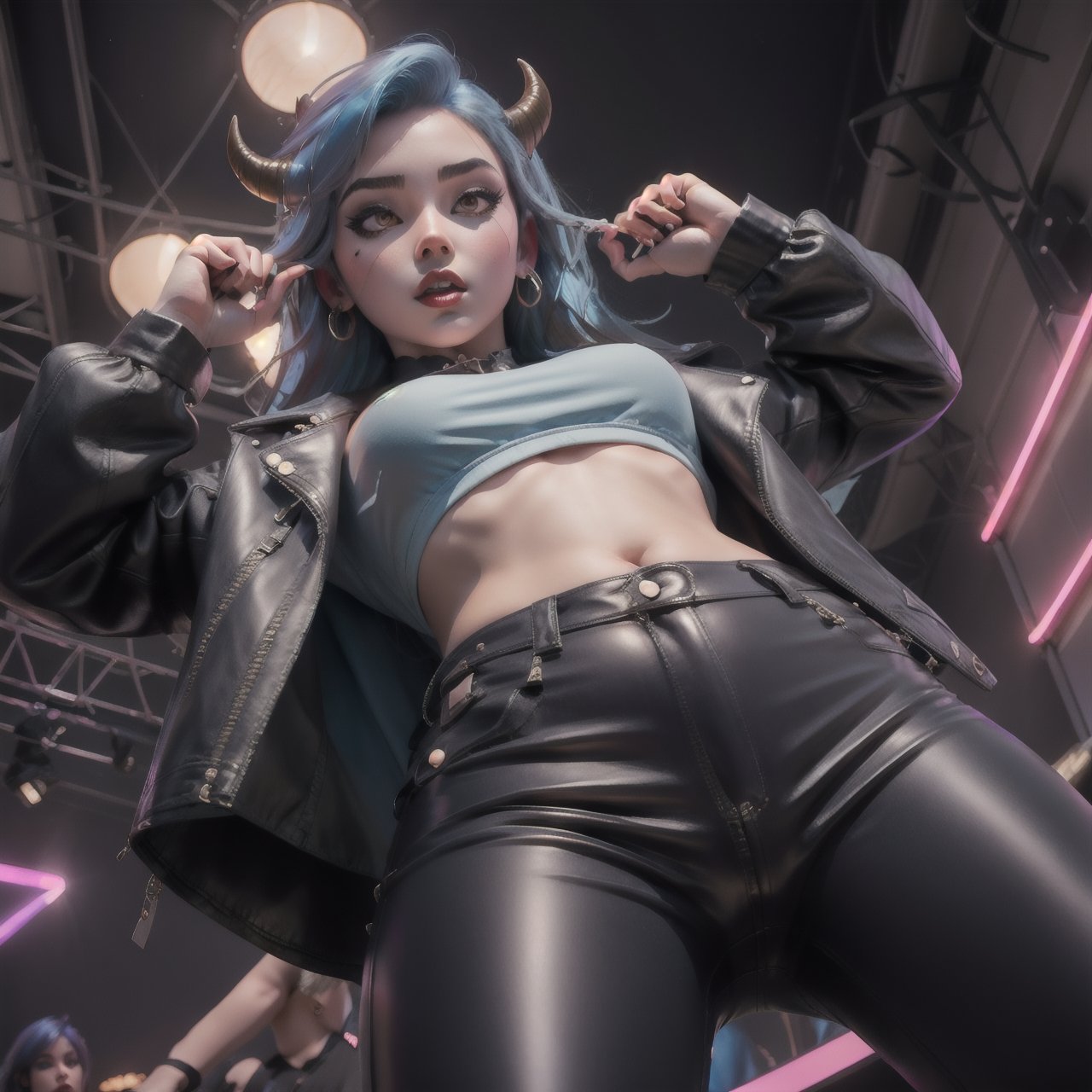 Demon girl, devil_horns, blue hair, leather jacket, leather pants, nightclub, crowded,from below