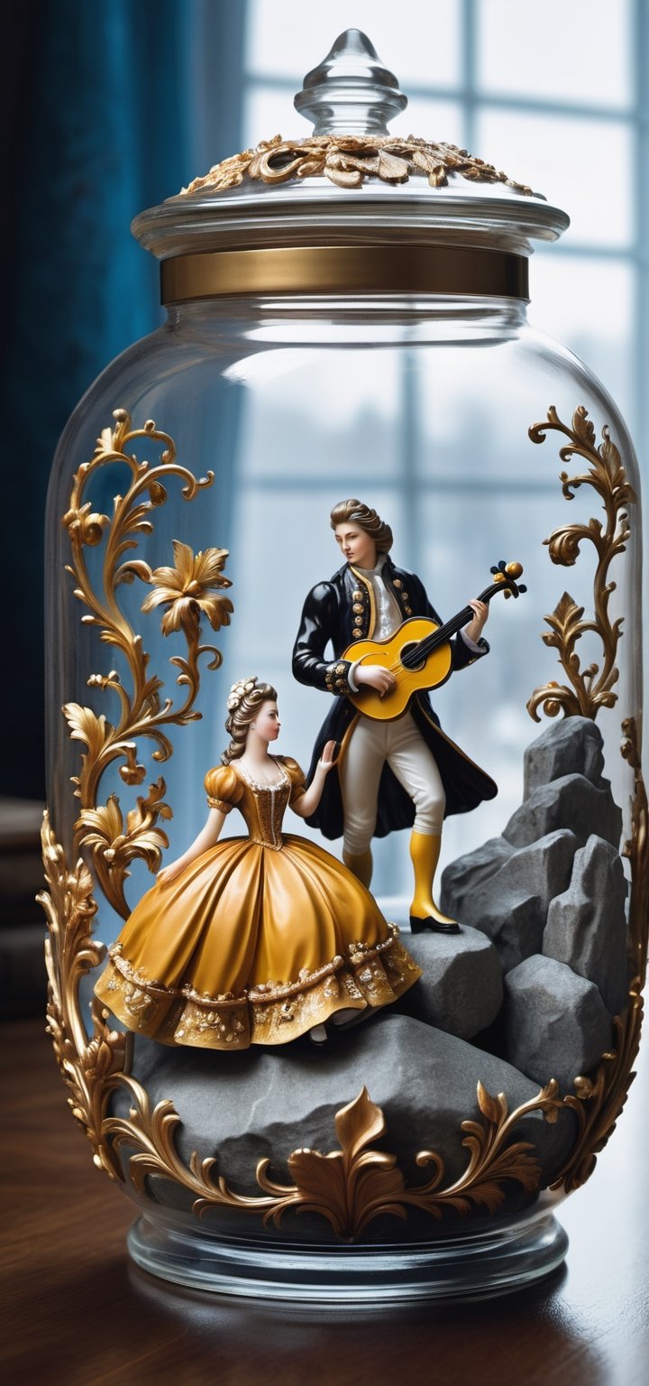 In the style of "Rococo": A rococo-inspired depiction of Zhenya Lyubich and Alexander F. Sklyar, infusing elegance and ornate details into the rock scene.
,in a jar