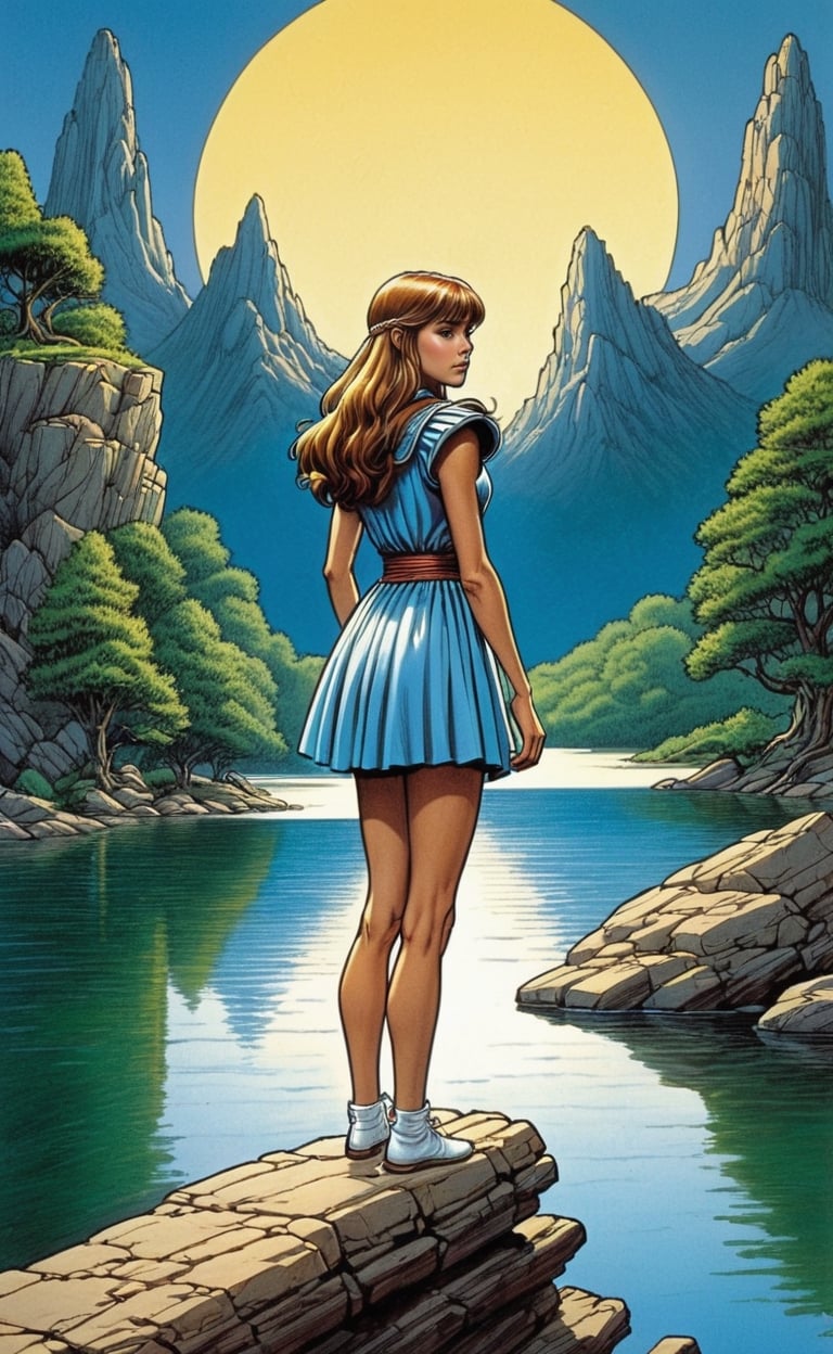 1970's dark fantasy book cover paper art dungeons and dragons style drawing of baeutiful revealed girl in lake with minimalist far perspective, style by Larry Elmore,DonMM3l4nch0l1cP5ych0XL,danknis