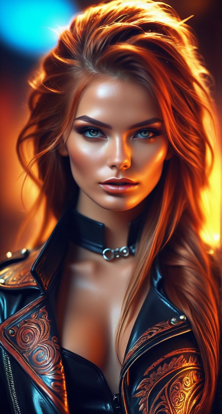 Very beautiful woman of perfect text "Great",perfect eyes and face features,fashionable leather glossy outfit with art engraved design,long fire hair,body art,cinematic,over-detailed,atmospheric portrait,focus on details,
dramatic lighting,realistic rendering,128K,HDR,BLENDER 3D,DonML4zrP0pXL