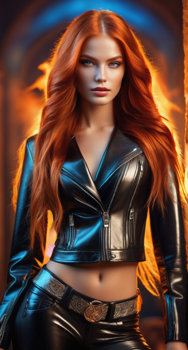 Very beautiful woman of perfect text "Great",perfect eyes and face features,fashionable leather glossy outfit with art engraved design,long fire hair,body art,cinematic,over-detailed,atmospheric portrait,focus on details,
dramatic lighting,realistic rendering,128K,HDR,BLENDER 3D