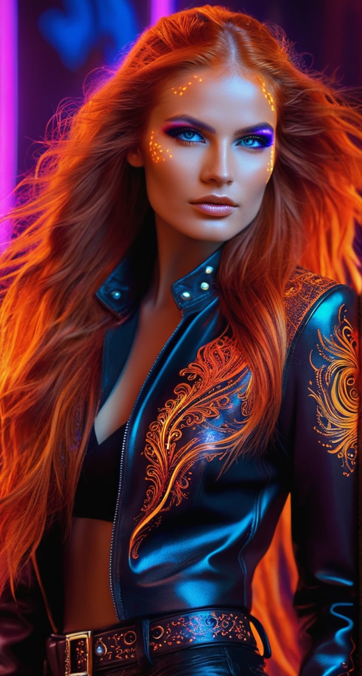 Very beautiful woman of perfect text "Great",perfect eyes and face features,fashionable leather glossy outfit with art engraved design,long fire hair,body art,cinematic,over-detailed,atmospheric portrait,focus on details,
dramatic lighting,realistic rendering,128K,HDR,BLENDER 3D,blacklight makeup